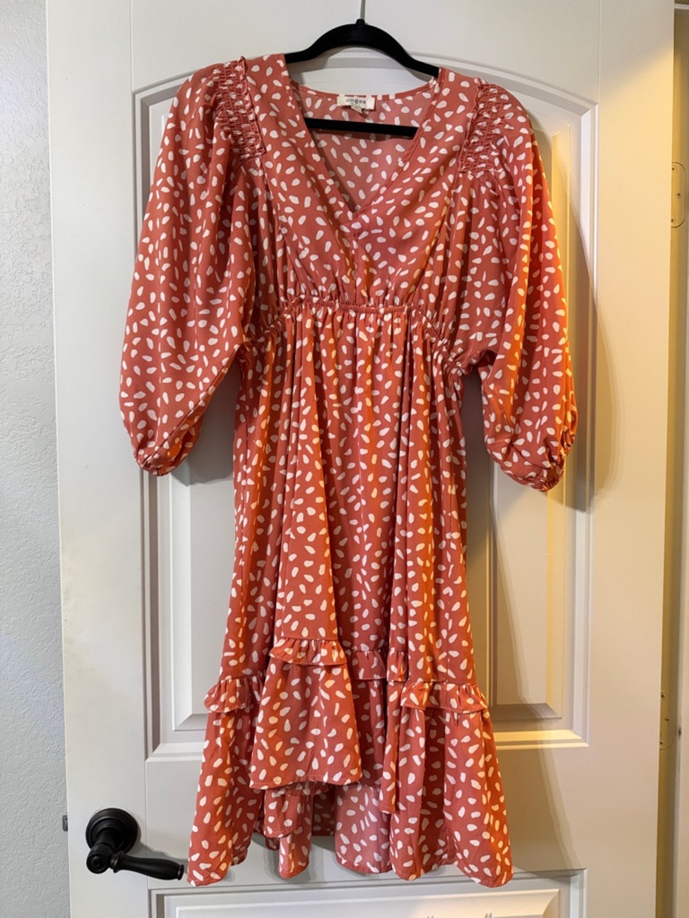 Polka Dot Puff-Sleeve V-Neck Dress in Terracotta and White